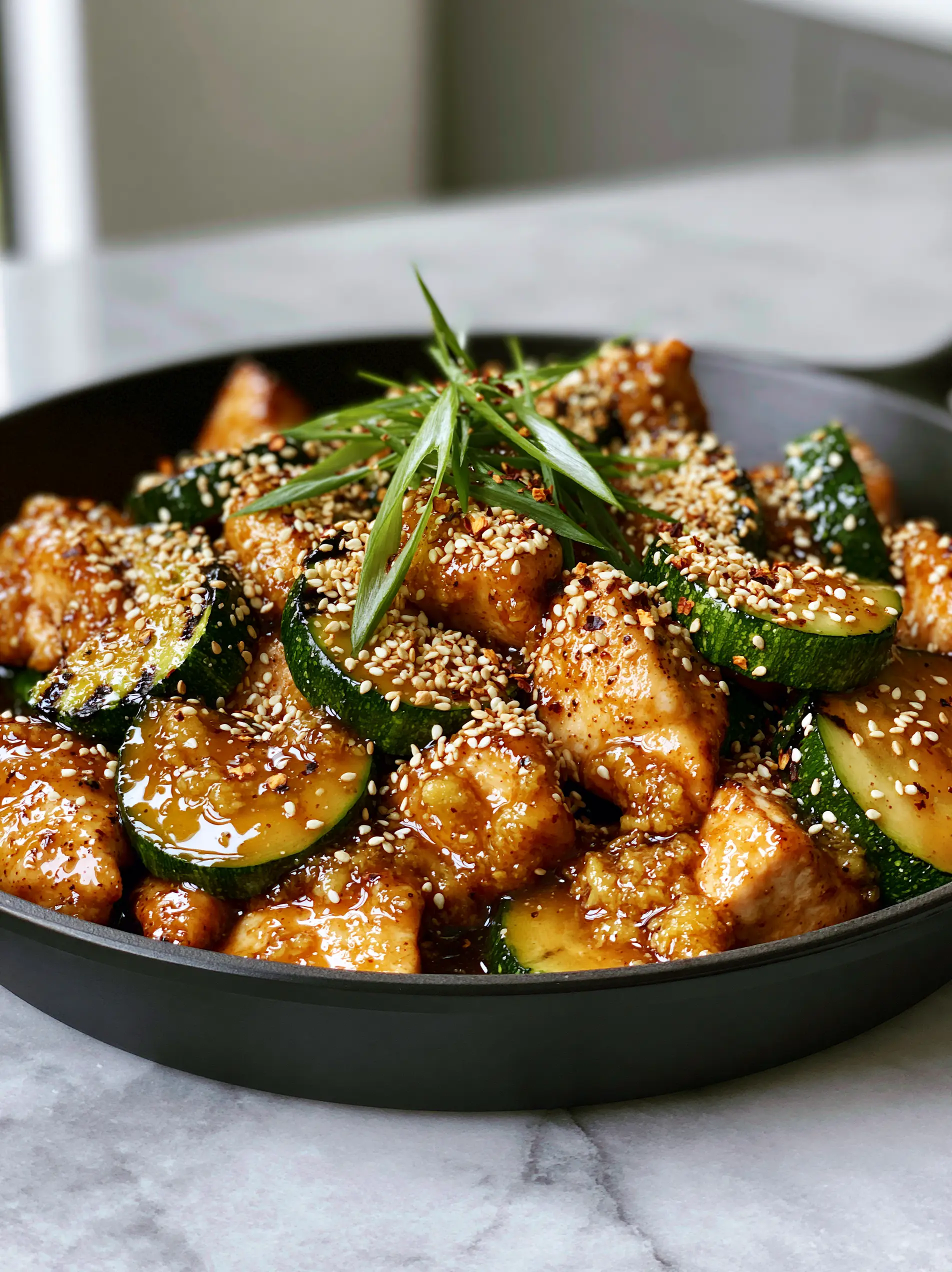 Chicken Zucchini Stir Fry with Glossy Garlic Ginger Sauce 3 Juicy golden-seared chicken and vibrant green charred zucchini in a matte black skillet. (Chicken Zucchini Stir Fry)