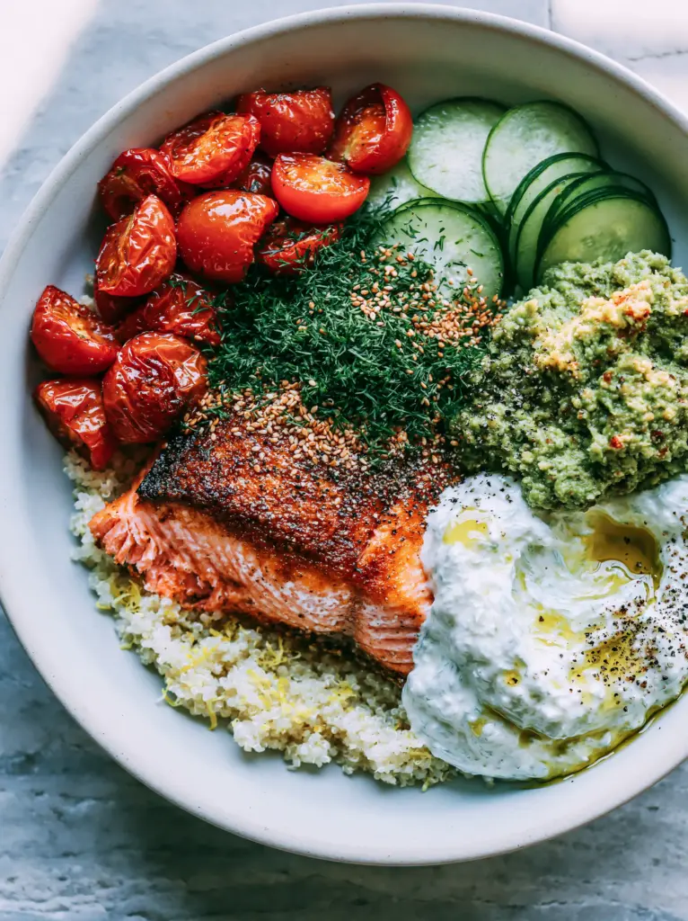 Light dinner ideas: Mediterranean Salmon Quinoa Power Bowl 1 Vibrant bowl with blistered tomatoes, sliced cucumbers, and a scoop of guacamole.