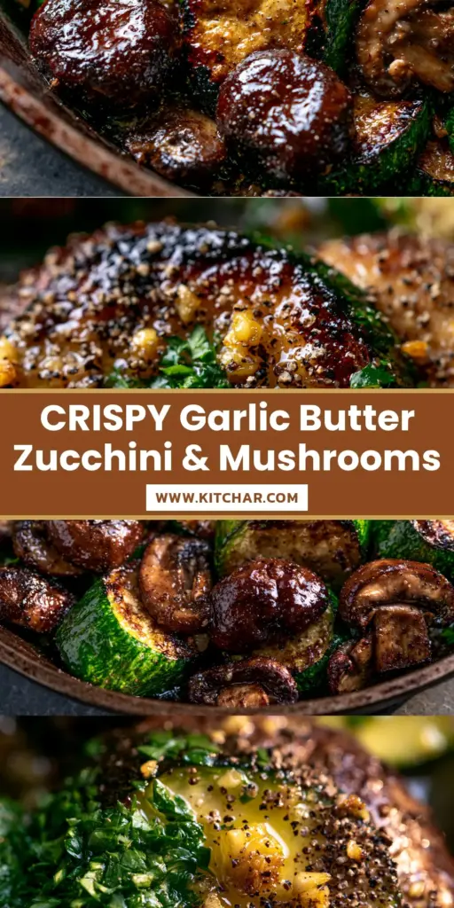 Skillet Zucchini and Mushrooms with Garlic Butter and Herbs 4 A rustic cast iron skillet filled with charred Skillet Zucchini and Mushrooms, topped with garlic butter and fresh parsley.