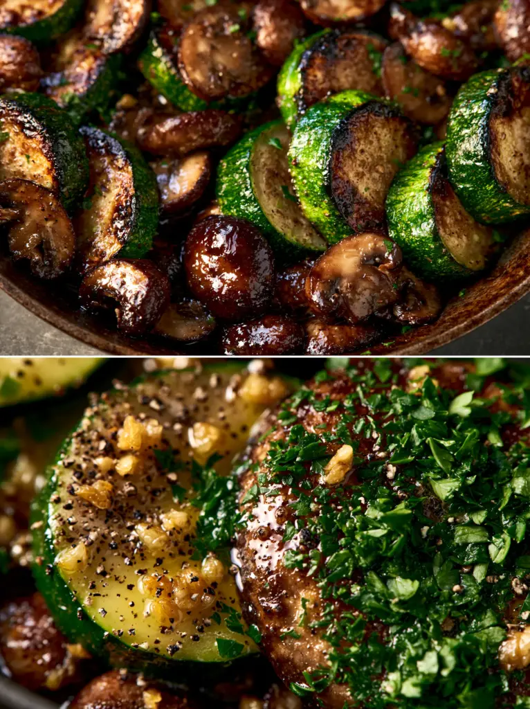 Skillet Zucchini and Mushrooms with Garlic Butter and Herbs 2 Top-down view of Skillet Zucchini and Mushrooms showing deeply seared half-moons and chestnut brown mushrooms.