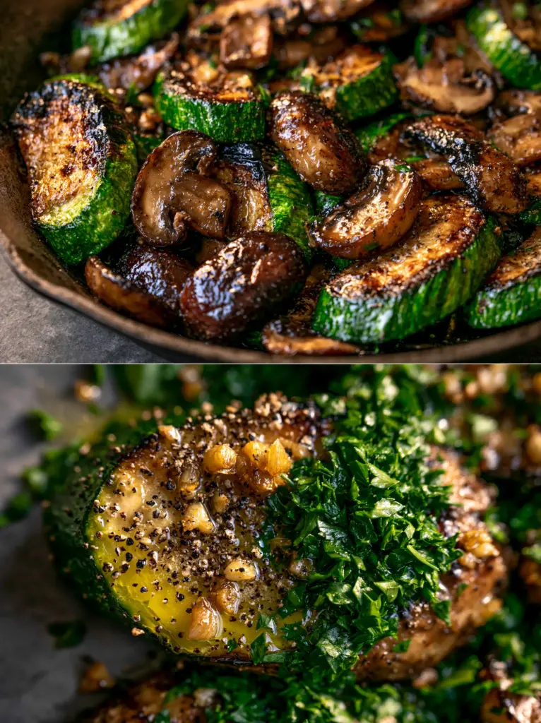 Skillet Zucchini and Mushrooms with Garlic Butter and Herbs 1 Extreme close-up macro shot of a single zucchini slice and mushroom glistening with garlic butter and cracked pepper.