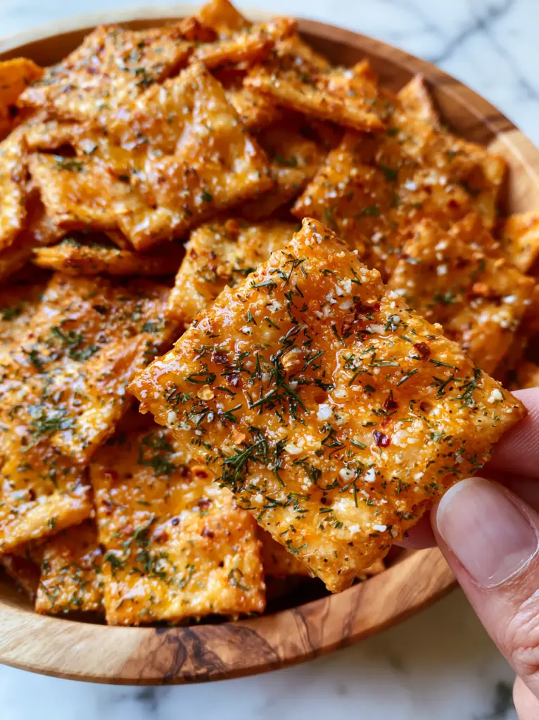 Dill Pickle Saltines: The Ultimate Zesty Ranch Snack Crackers 1 A large wooden bowl overflowing with seasoned saltines on a marble countertop in a bright kitchen.