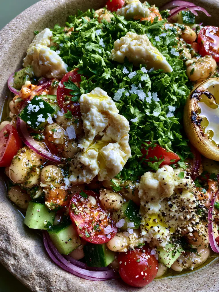 White Bean Salad with Mediterranean Herbs and Charred Lemon 1 A Mediterranean white bean salad featuring a charred lemon half, sea salt flakes, and jagged feta crumbles.