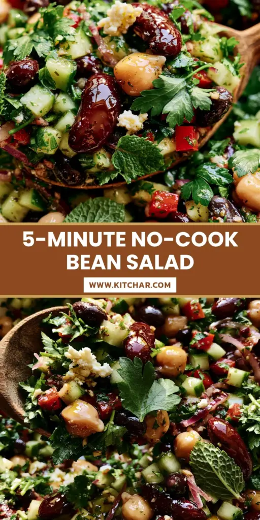 Cold Bean Salad with Lemon-Herb Vinaigrette and Vegan Feta 4 A vibrant top-down shot of a Mediterranean cold bean salad featuring chickpeas, black beans, and kidney beans in a ceramic bowl.
