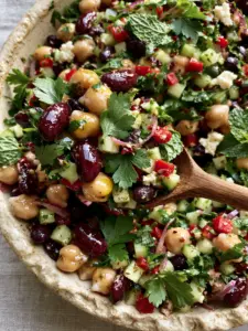 Macro shot of glossy chickpeas and kidney beans in a cold bean salad with fresh herbs and lemon dressing.