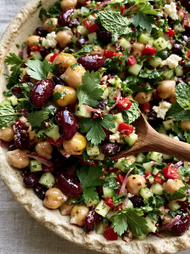 Cold Bean Salad with Lemon-Herb Vinaigrette and Vegan Feta 2 Macro shot of glossy chickpeas and kidney beans in a cold bean salad with fresh herbs and lemon dressing.