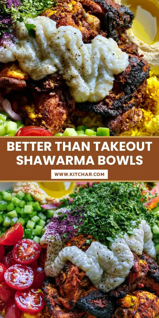Chicken Shawarma Bowl with Turmeric Basmati Rice and Garlic Sauce 4 A vibrant chicken shawarma bowl featuring seared chicken thighs, turmeric rice, diced Persian cucumbers, cherry tomatoes, and hummus in a matte white ceramic bowl. (chicken shawarma bowl)