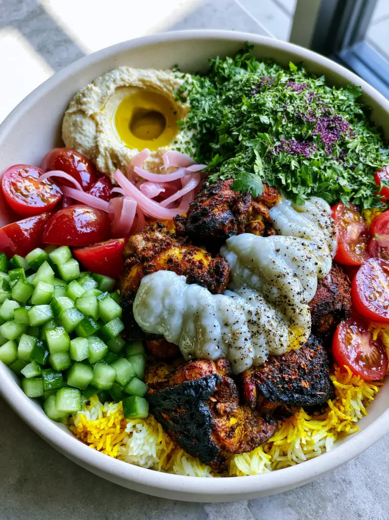 Chicken Shawarma Bowl with Turmeric Basmati Rice and Garlic Sauce 2 Close up shot of seared chicken thigh pieces with dark spice crust and thick white garlic sauce zig-zags. (chicken shawarma bowl)