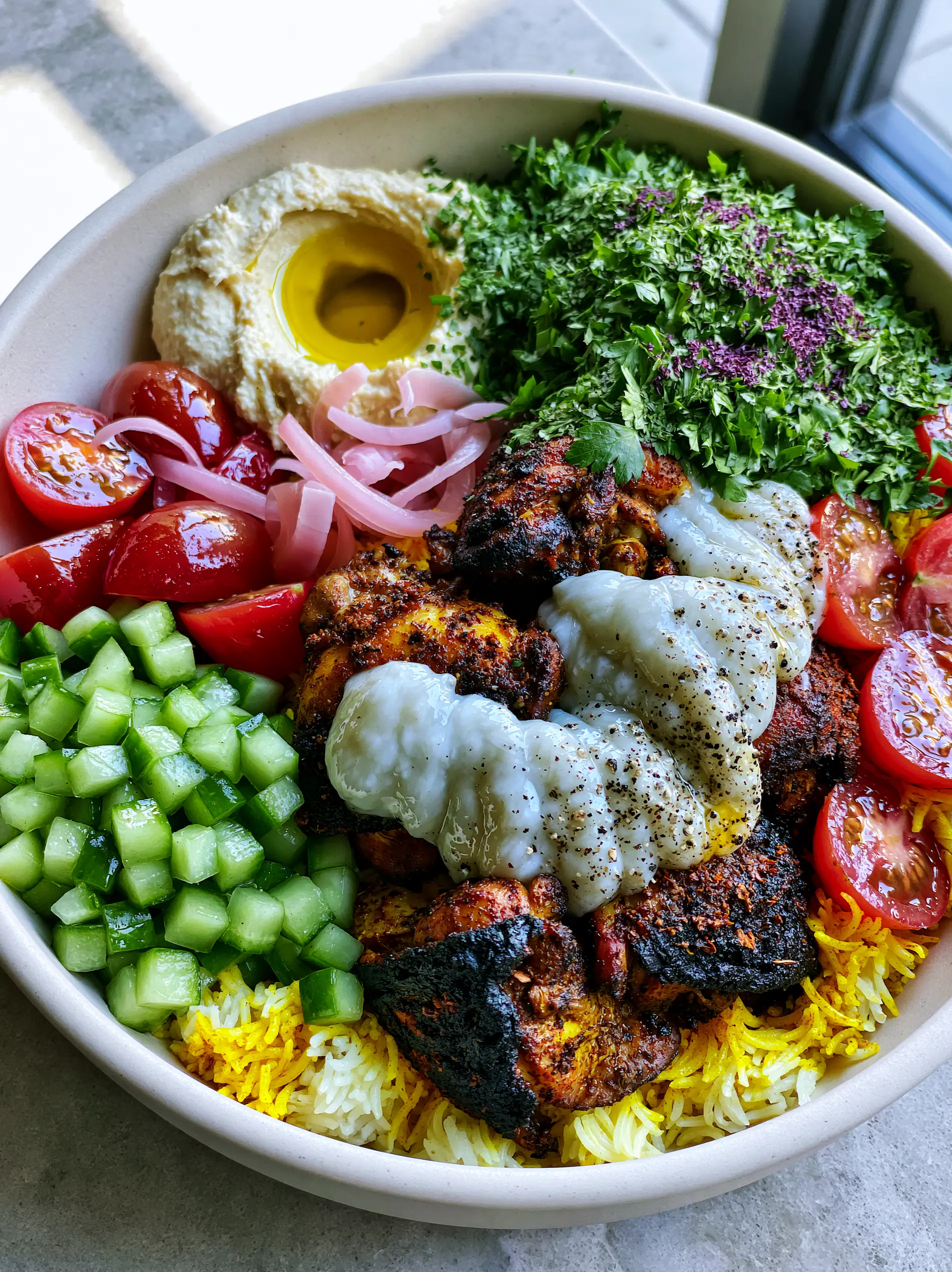 Chicken Shawarma Bowl with Turmeric Basmati Rice and Garlic Sauce 3 Close up shot of seared chicken thigh pieces with dark spice crust and thick white garlic sauce zig-zags. (chicken shawarma bowl)