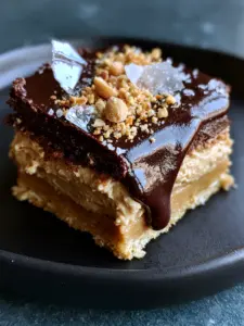 Extreme macro close-up of a dark chocolate ganache drip over whipped peanut butter fudge. (easy dessert recipes)