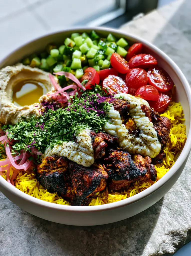Chicken Shawarma Bowl with Turmeric Basmati Rice and Garlic Sauce 1 A high-angle view of a chicken shawarma bowl on a light grey stone countertop showing distinct clusters of vegetables and hummus.