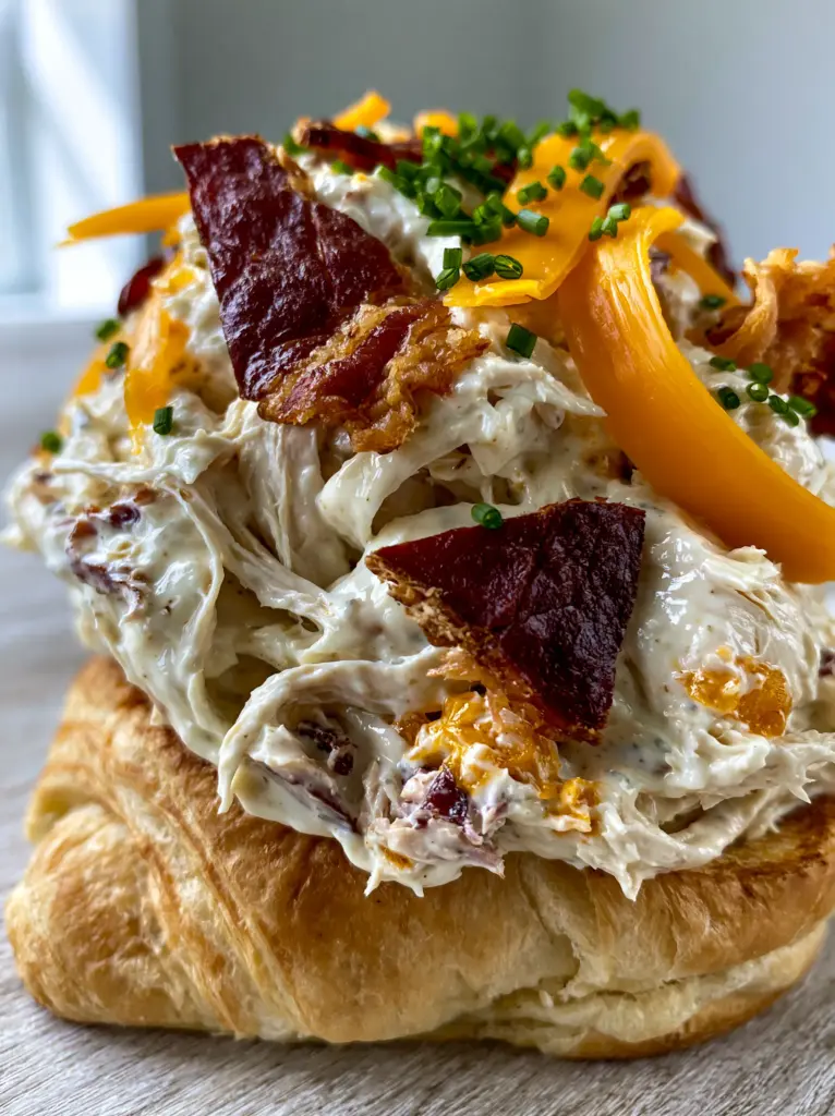 Sassy Scotty Chicken Salad: The Ultimate Creamy Ranch and Bacon Delight 1 Eye-level shot of Sassy Scotty chicken salad on a flaky croissant with bright green chives.