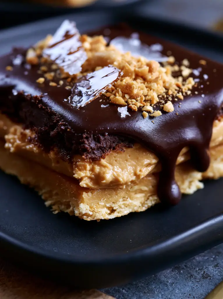 Easy Dessert Recipes: Decadent No-Bake Chocolate Peanut Butter Ganache Bars 1 Close-up of golden graham cracker crust and Maldon sea salt on a chocolate bar.