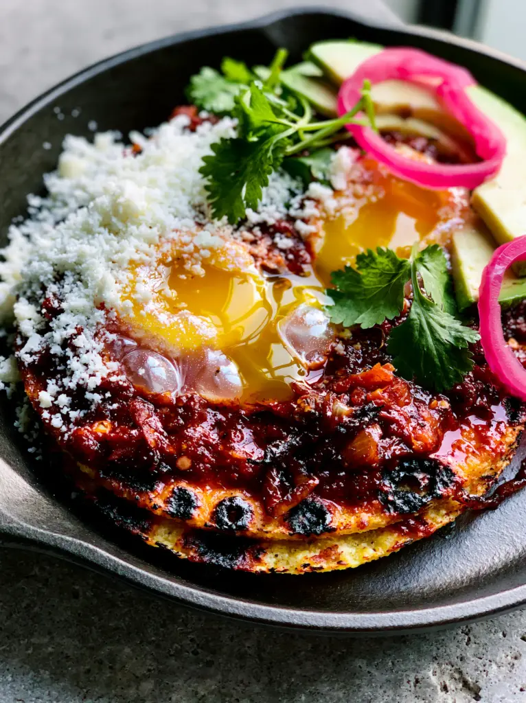 Huevos Rancheros Recipe: Authentic Roasted Salsa and Charred Corn Tortillas 1 A rustic presentation of huevos rancheros featuring cotija cheese, avocado, and pickled onions on a gray stone background.