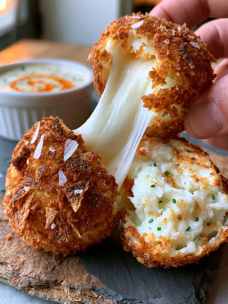 Potato Balls Recipe: Crispy Panko Crust with Molten Mozzarella 2 Extreme close-up of golden-brown potato balls showing the jagged sourdough panko texture and Maldon sea salt flakes. (potato balls recipe)