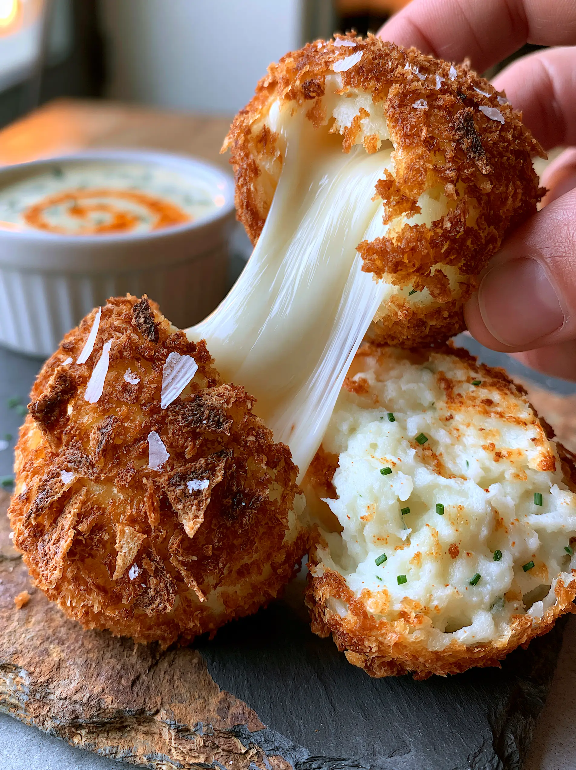 Potato Balls Recipe: Crispy Panko Crust with Molten Mozzarella 3 Extreme close-up of golden-brown potato balls showing the jagged sourdough panko texture and Maldon sea salt flakes. (potato balls recipe)