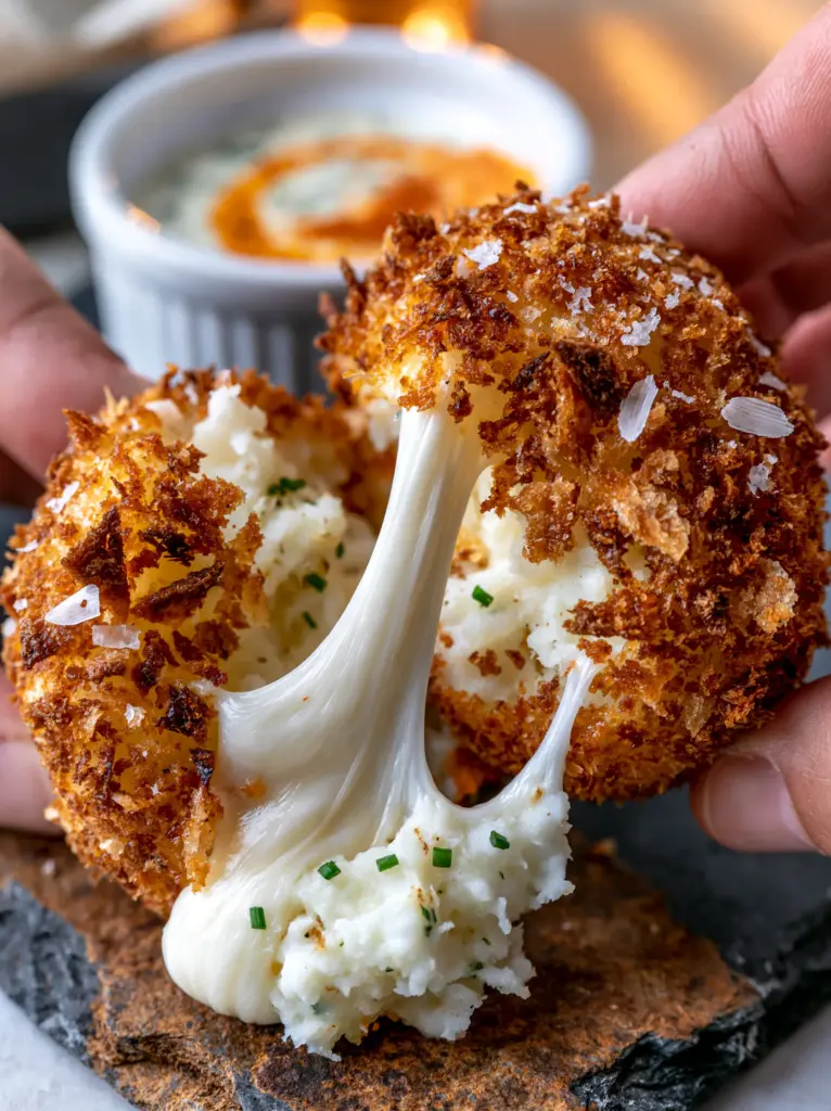 Potato Balls Recipe: Crispy Panko Crust with Molten Mozzarella 1 Two hands pulling apart a crispy potato ball with a dramatic mozzarella cheese stretch and chive flecks inside.