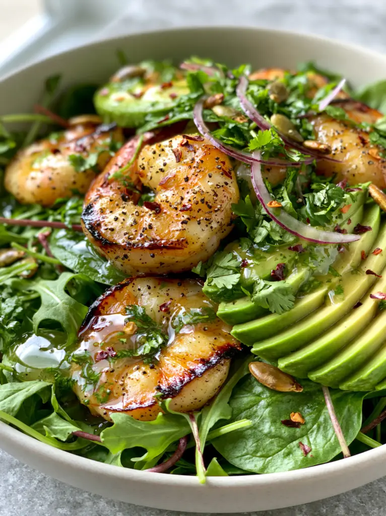 Shrimp Avocado Salad with Cilantro Lime Vinaigrette and Charred Pepitas 1 Detailed shot of glossy cilantro-lime vinaigrette drizzled over a shrimp avocado salad.