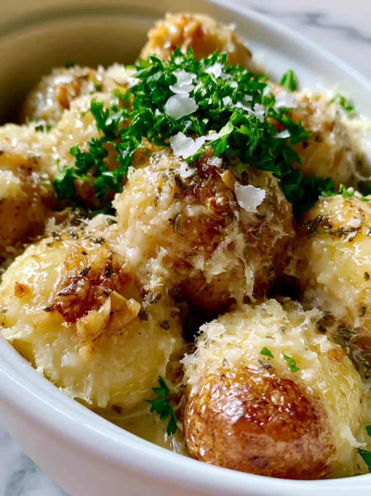 Slow Cooker Baby Potatoes with Garlic, Butter, and Parmesan 1 Close up shot of tender slow cooker baby potatoes showing the melted parmesan and herb garnish.