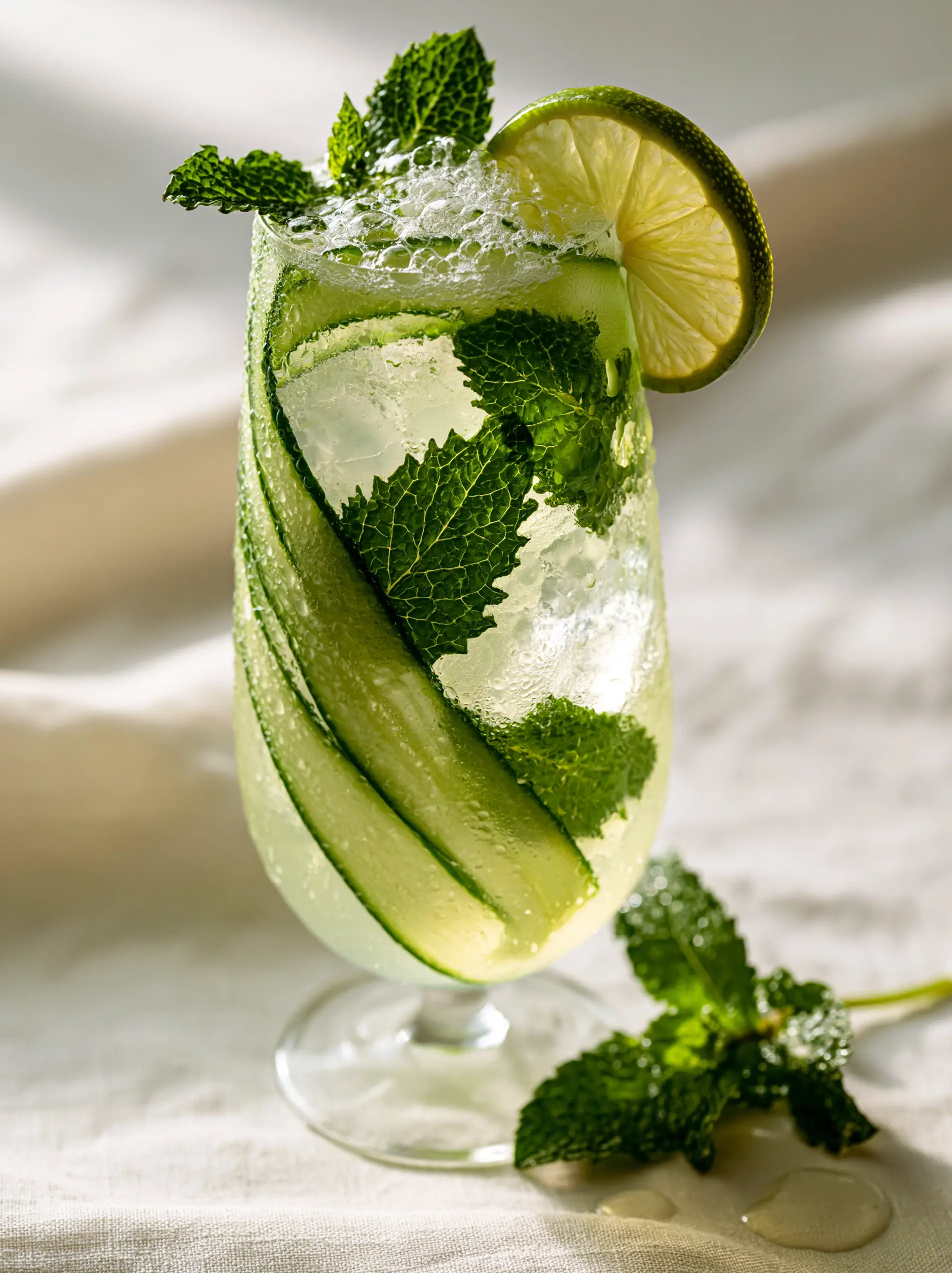 Cucumber cooler cocktails: The Ultimate Refreshing Summer Sip 3 Detailed view of the sparkling bubbles and translucent green base of Cucumber cooler cocktails.