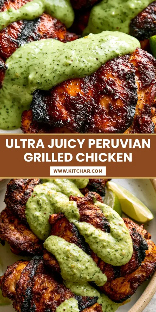 A close-up of Peruvian Grilled Chicken thighs with crispy mahogany skin and drizzled Aji Verde sauce. (Peruvian Grilled Chicken)
