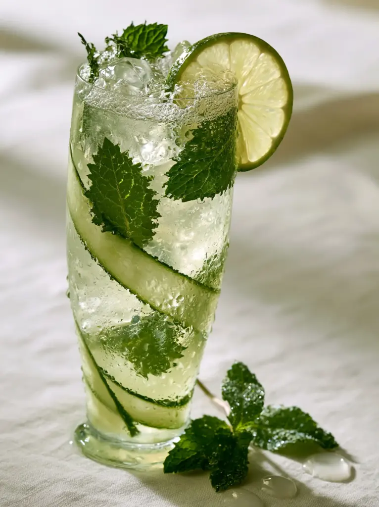 Cucumber cooler cocktails: The Ultimate Refreshing Summer Sip 1 Artisanal clear ice and mint leaves suspended in a Cucumber cooler cocktail glass.