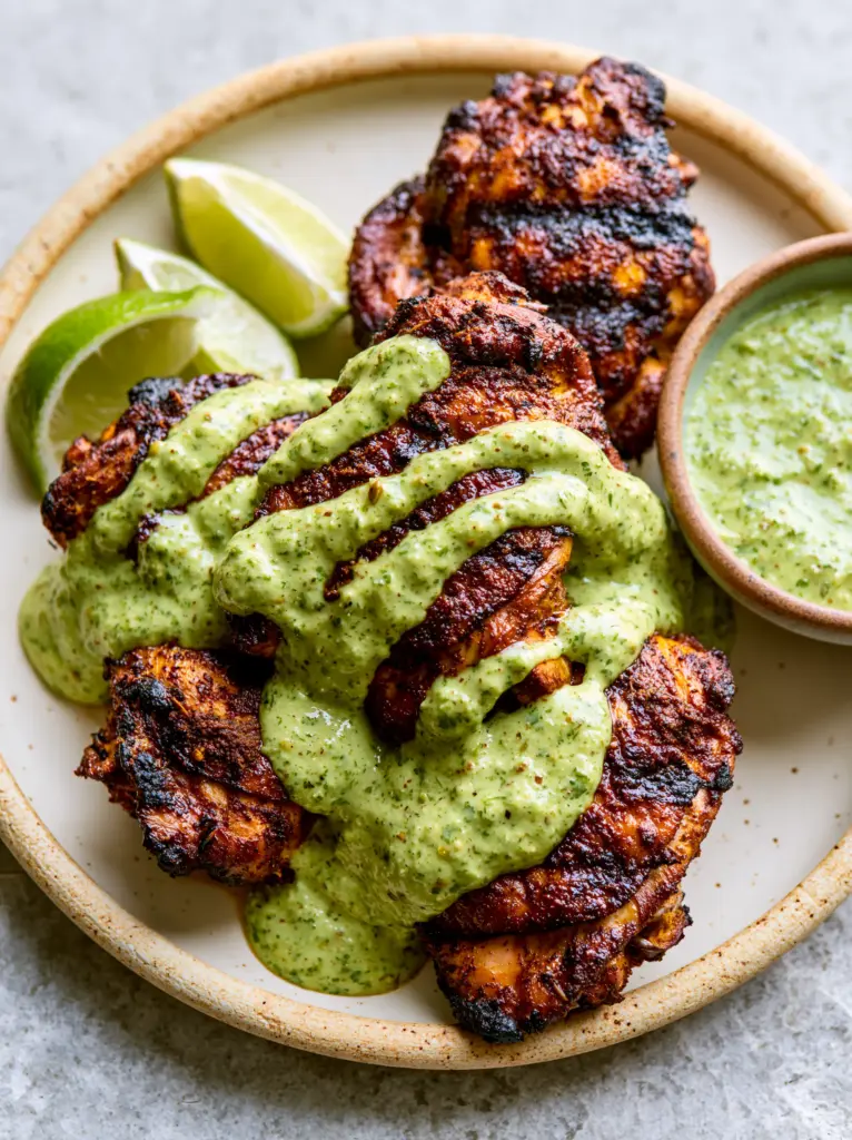Detailed shot of Aji Verde sauce drizzled over Peruvian Grilled Chicken. (Peruvian Grilled Chicken)
