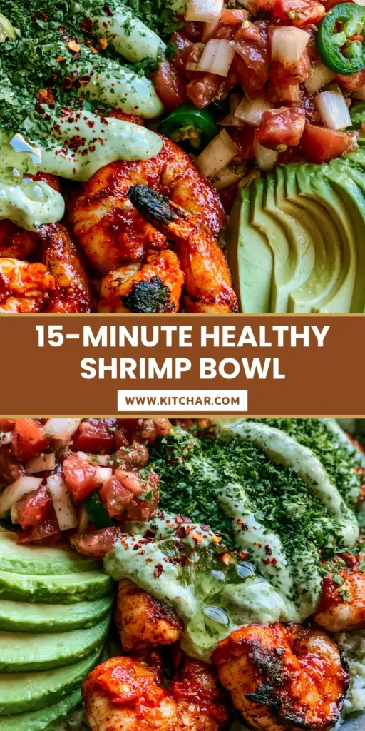Shrimp and Avocado Bowls with Chili-Lime Glaze and Cauliflower Rice 4 A top-down view of Mexican-inspired Shrimp and Avocado Bowls featuring charred shrimp, fanned avocado, and a zig-zag drizzle of lime crema on cauliflower rice.