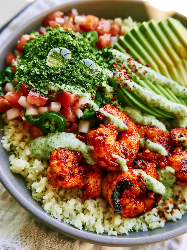 Shrimp and Avocado Bowls with Chili-Lime Glaze and Cauliflower Rice 1 Visualizing the assembly of Shrimp and Avocado Bowls with fanned avocado and ruby-red pico de gallo.