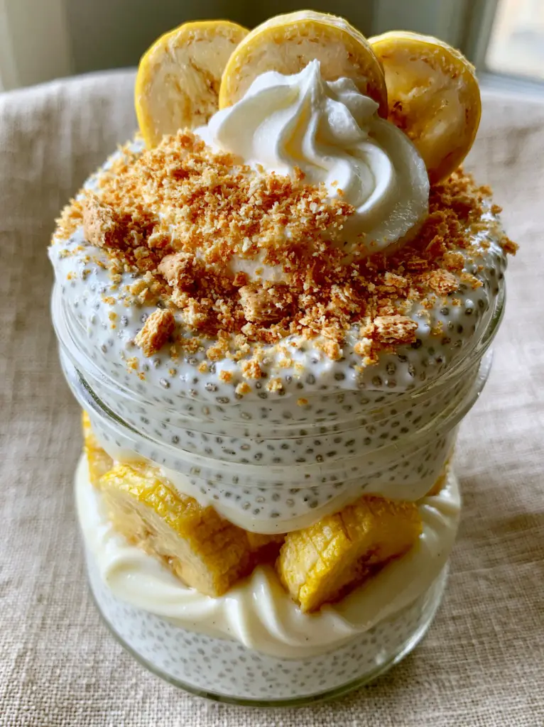 Side view of a glass jar filled with layered banana cream pie chia pudding on a beige linen background.