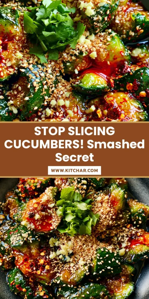 Asian Cucumber Salad Recipe: The Ultimate Smashed and Spicy Crunch 4 A close-up shot of an Asian cucumber salad featuring jagged smashed cucumbers coated in dark soy dressing and bright red chili oil in a black bowl. (Asian cucumber salad)