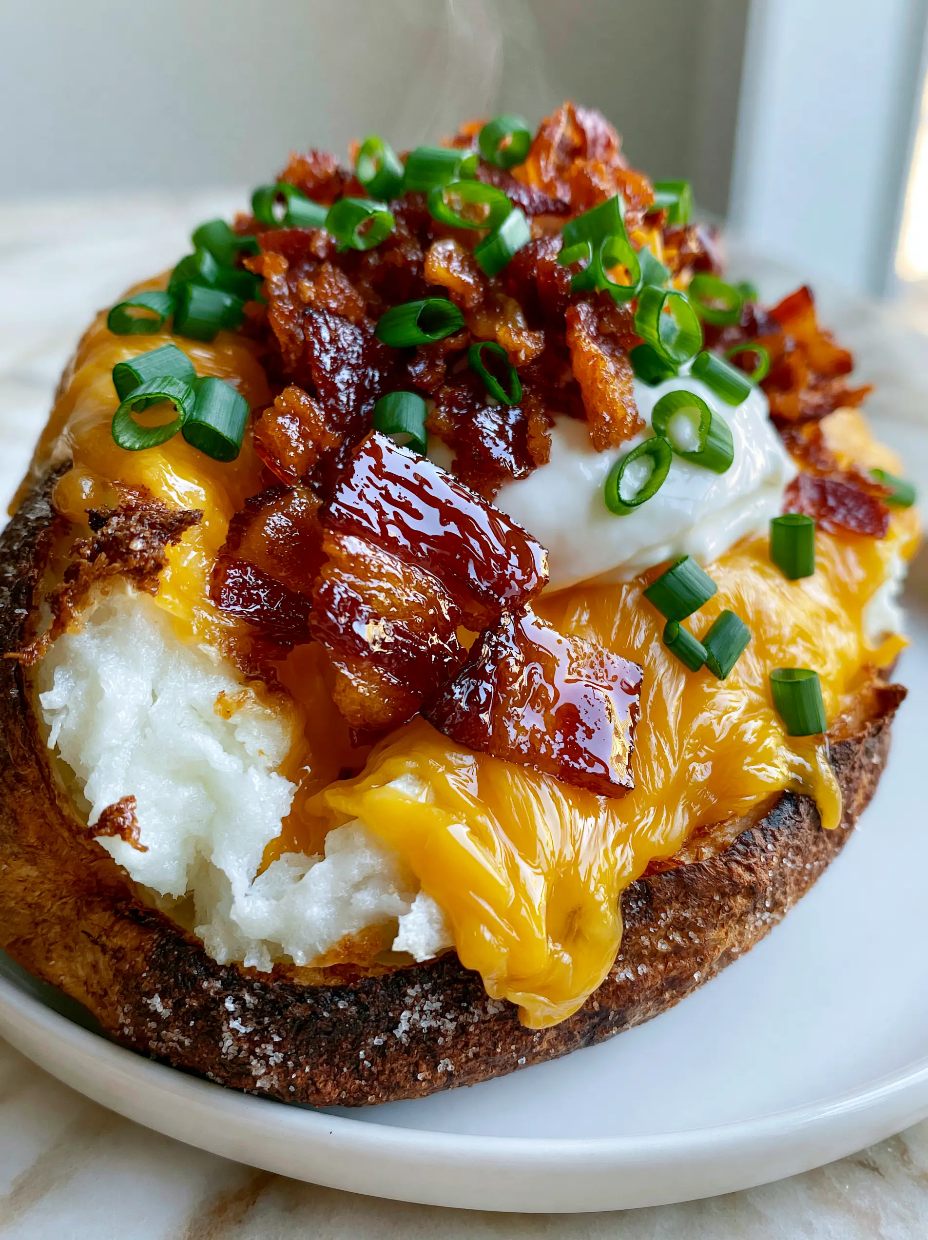Smartphone photo of a split loaded baked potato showing steaming fluffy white interior and bubbling cheese. (loaded baked potato ideas)