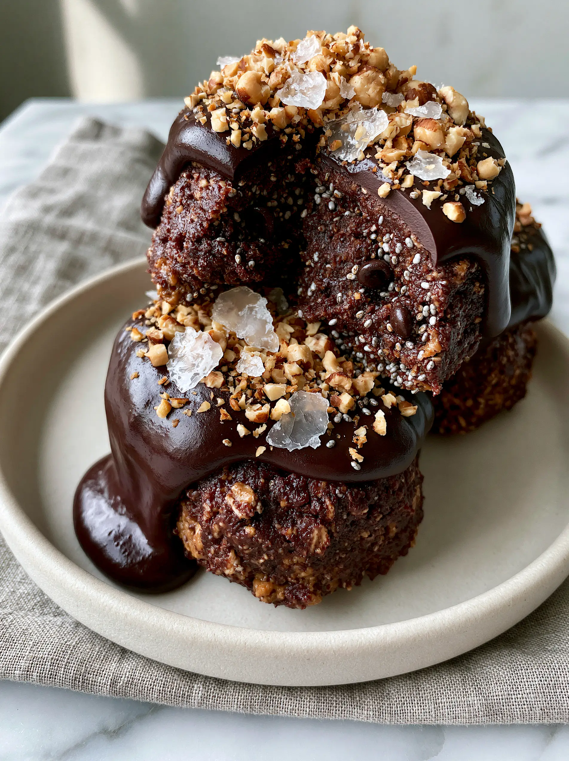 Smartphone photo of oversized no-bake energy bites with glossy dark chocolate ganache and chia seeds. (5-minute snacks)