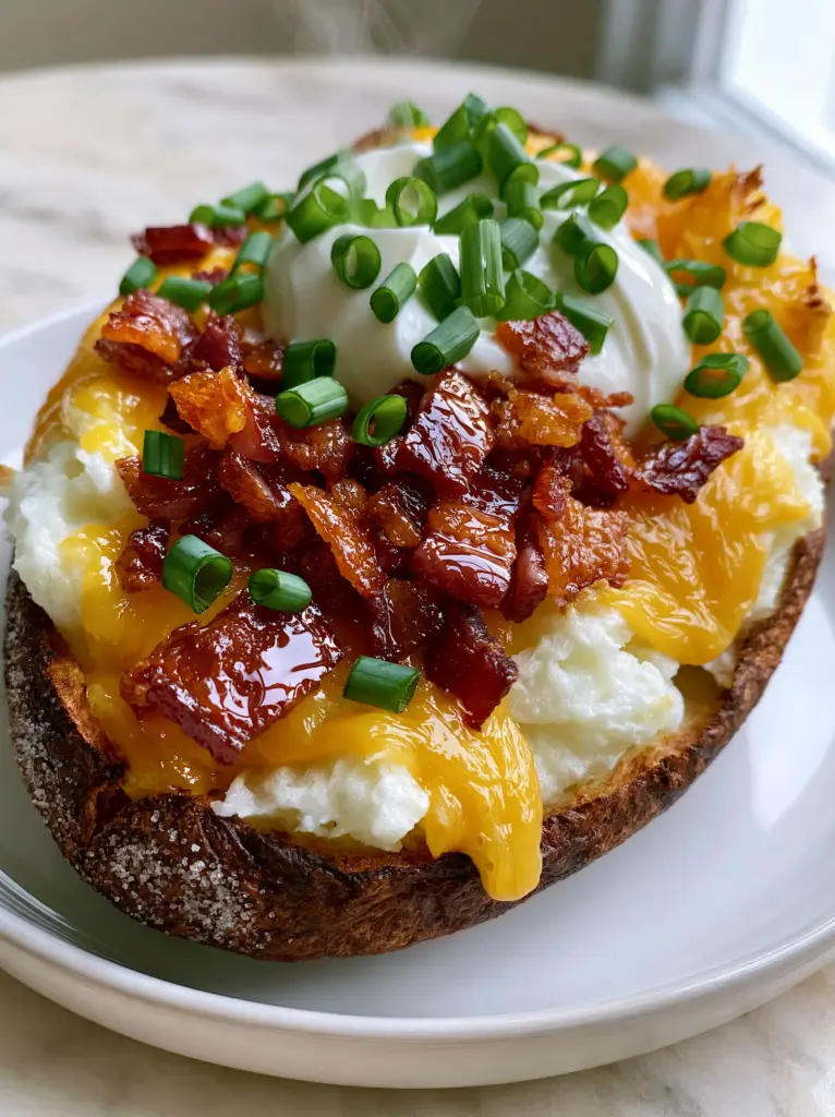 Detailed shot of thick-cut crispy bacon and fresh chives on top of a loaded baked potato.
