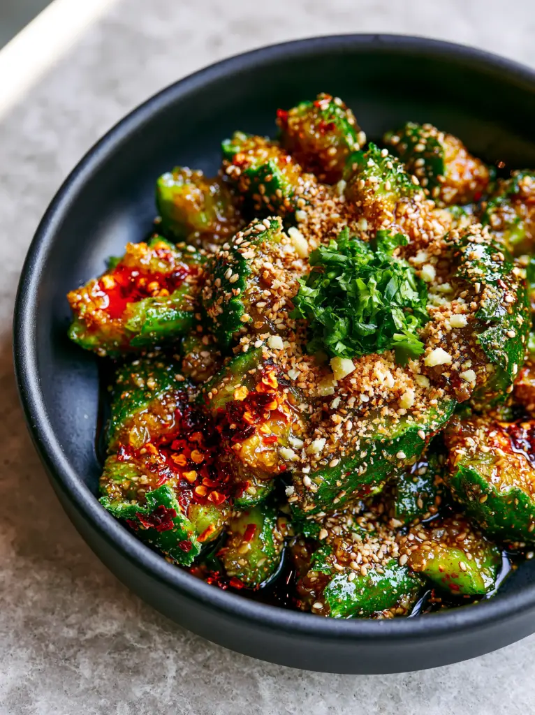 Asian Cucumber Salad Recipe: The Ultimate Smashed and Spicy Crunch 1 A detailed shot of glossy dark soy dressing and chili oil pooling in the crevices of smashed cucumbers.