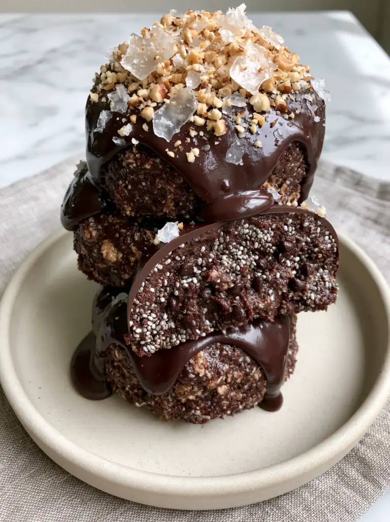 Close-up of a no-bake energy bite with a half-moon wedge removed, revealing miniature chocolate chips and chia seeds.