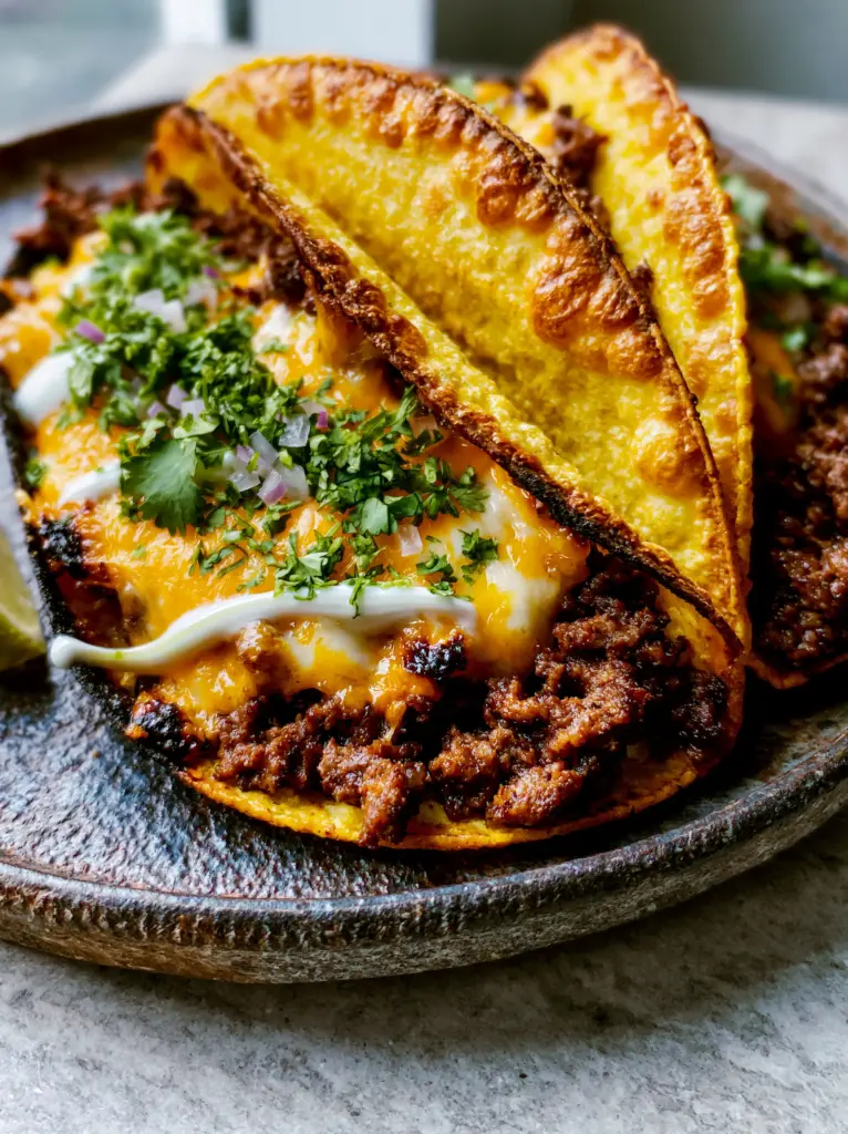 Three air fryer tacos leaning together on a rustic plate, topped with lime crema and red onions.