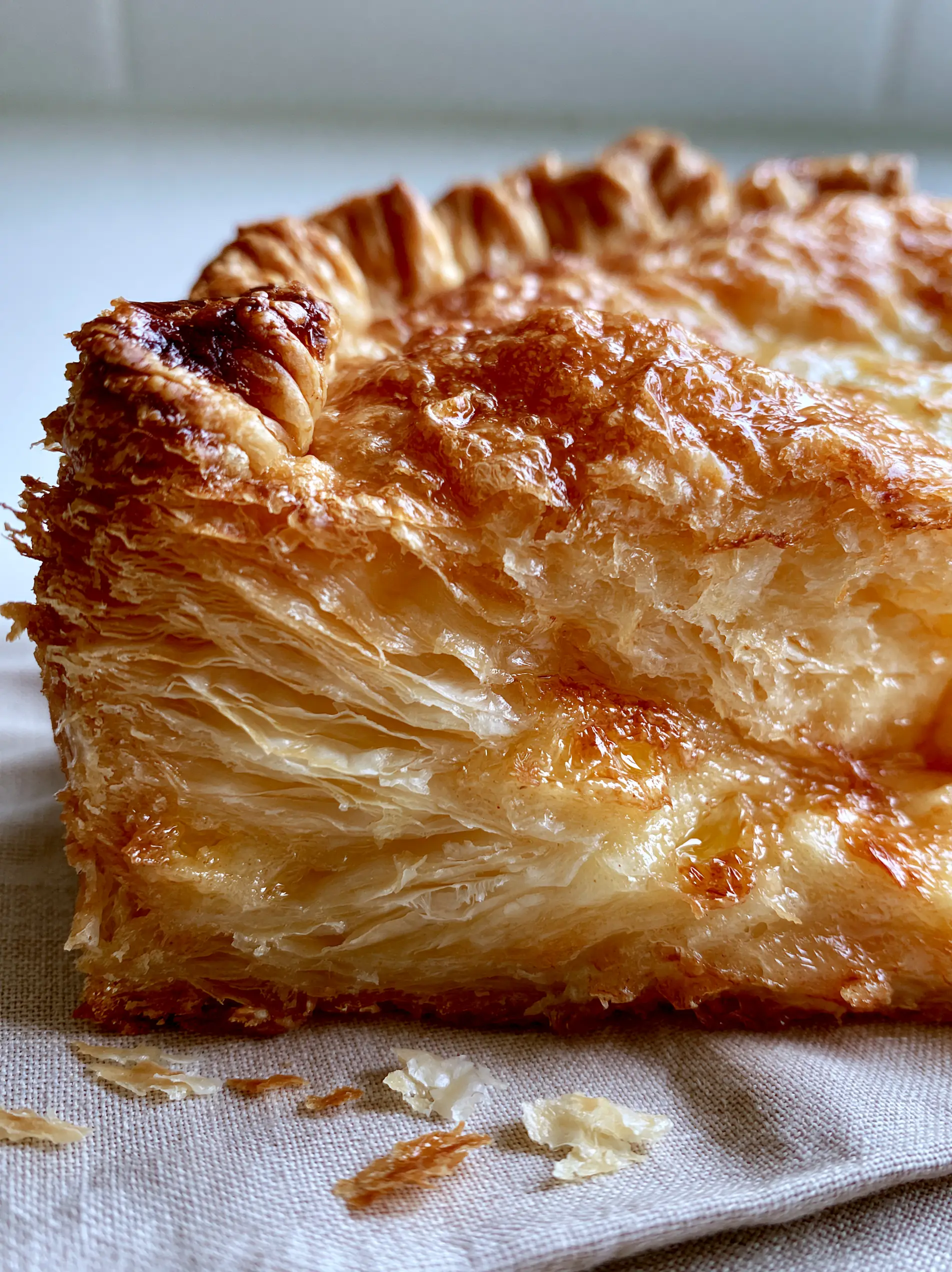 Pie Perfection: The Ultimate Shatteringly Crisp Laminated Apple Pie Recipe 3 Close-up of golden-brown pie crust with rustic crimped edges and coarse sugar sprinkles.