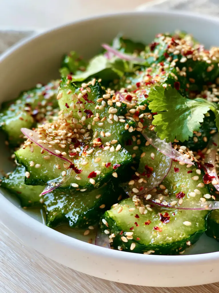 Cucumber Salad Recipe: The Ultimate Crispy Smacked Persian Salad 1 Crystalline cucumber interior with toasted sesame seeds and red onion slivers in morning light.
