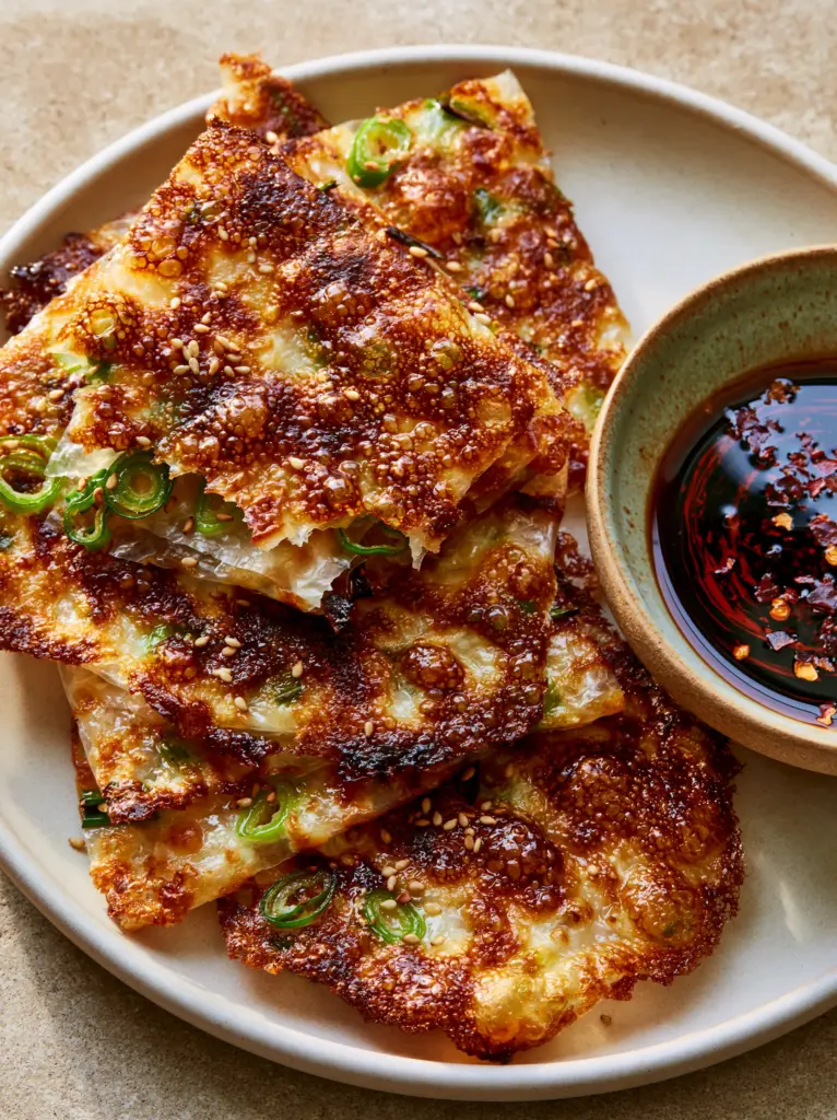 Rice Paper Scallion Pancakes stacked next to a small bowl of dark soy-chili sauce with red oil swirls.