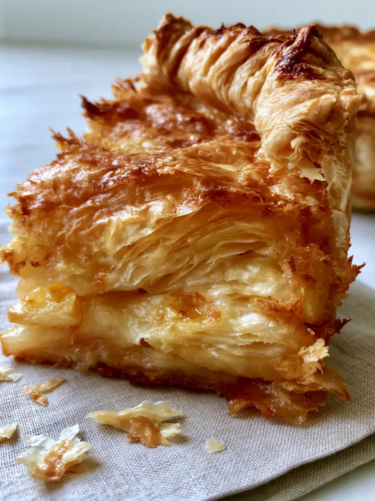 Pie Perfection: The Ultimate Shatteringly Crisp Laminated Apple Pie Recipe 1 A finished apple pie on a neutral linen textile with visible butter pockets in the flaky crust.