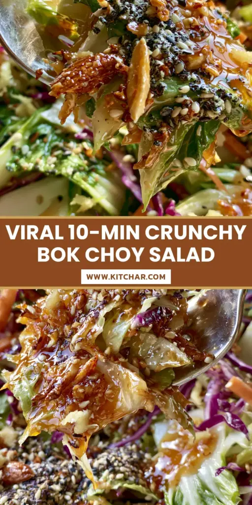 A vibrant macro close-up of a fork lifting a bite of bok choy salad with purple cabbage and sesame seeds. (bok choy salad)