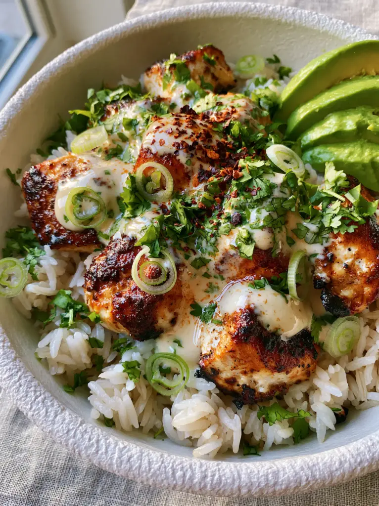 Coconut Chicken Rice Bowls with Creamy Ivory Sauce 2 Macro shot of Coconut Chicken Rice Bowls showing fluffy jasmine rice grains and chicken with golden-brown charred edges.