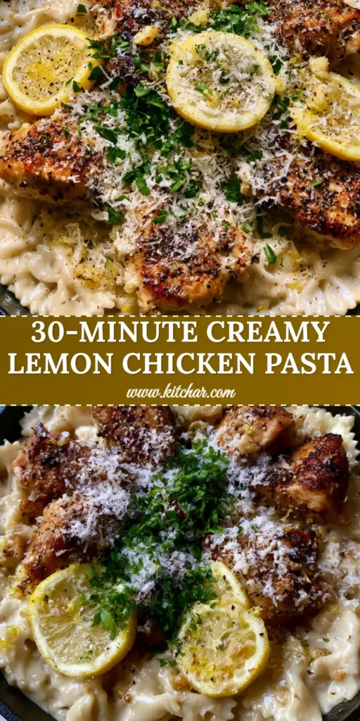 A top-down view of One Pan Creamy Garlic Butter Lemon Chicken Pasta in a black cast iron skillet with farfalle and lemon slices. (Lemon Chicken Pasta)