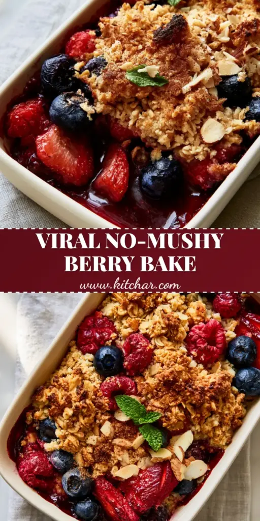 A close-up vertical shot of a high-protein triple berry bake in a matte cream ceramic dish, showing toasted oats, scorched blueberries, and jammy strawberries.