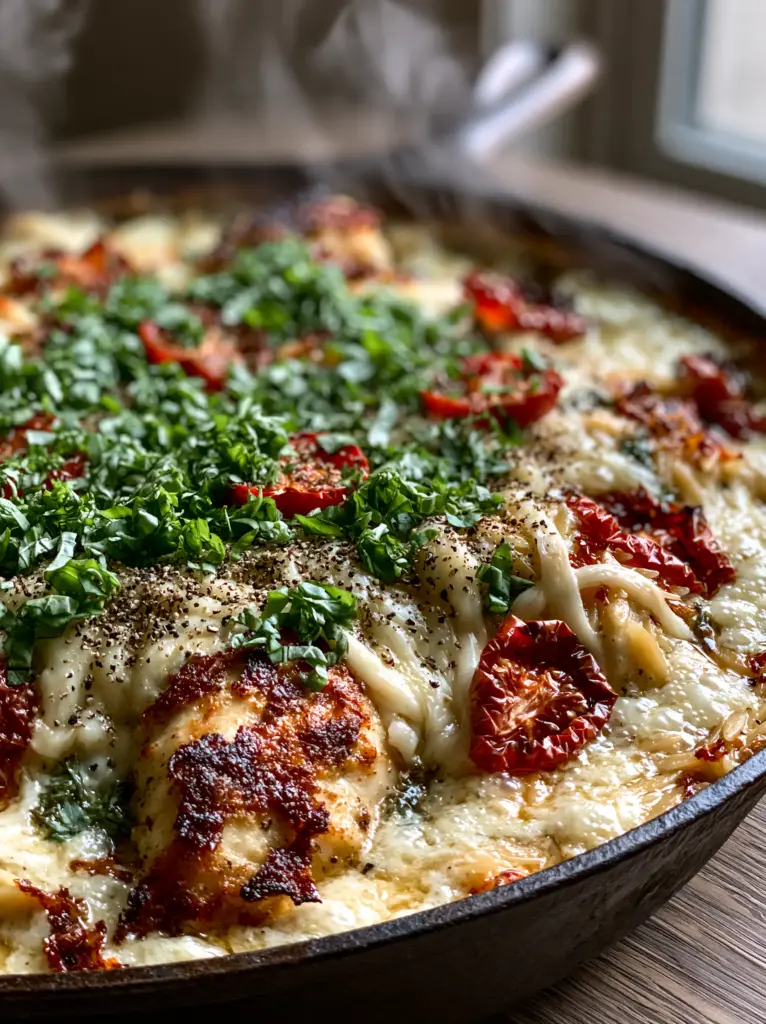 Quick Recipes: Creamy Garlic Chicken and Orzo Skillet with Blistered Tomatoes 1 Close-up of gooey mozzarella strings and blistered tomatoes on orzo pasta.