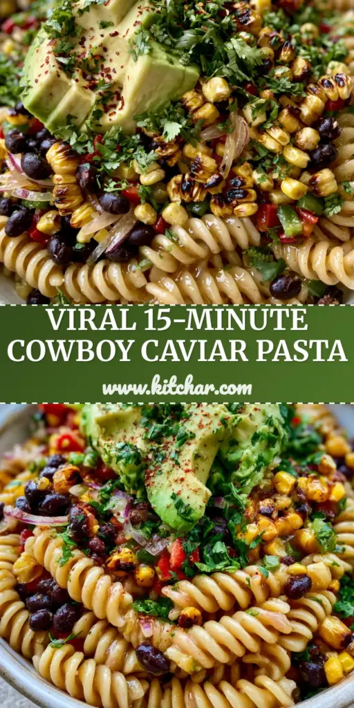 A top-down view of vibrant Cowboy Caviar Pasta Salad in a white ceramic bowl featuring rotini, black beans, and charred corn.