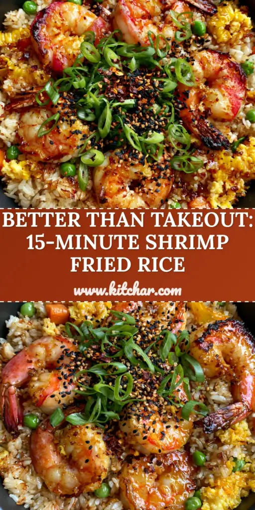 A high-angle photo of a matte black bowl filled with Shrimp Fried Rice Recipe featuring charred jumbo shrimp, green peas, and golden egg ribbons.