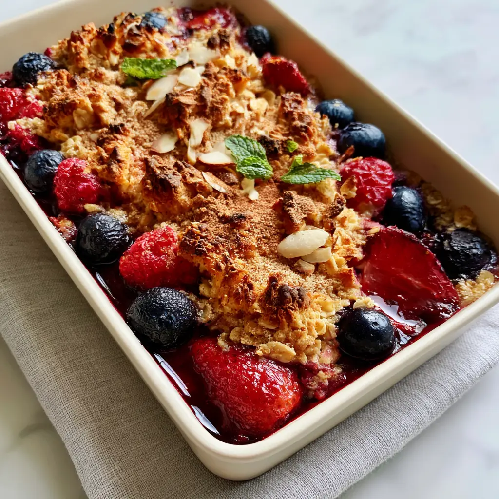 Detailed texture shot of the triple berry bake garnish, featuring sliced toasted almonds, cinnamon dusting, and fresh mint leaves.