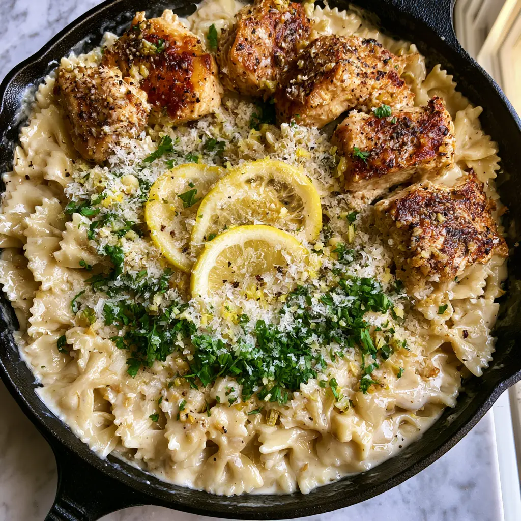 A handheld photo of the finished Lemon Chicken Pasta garnished with parsley and lemon wheels in a rustic skillet.